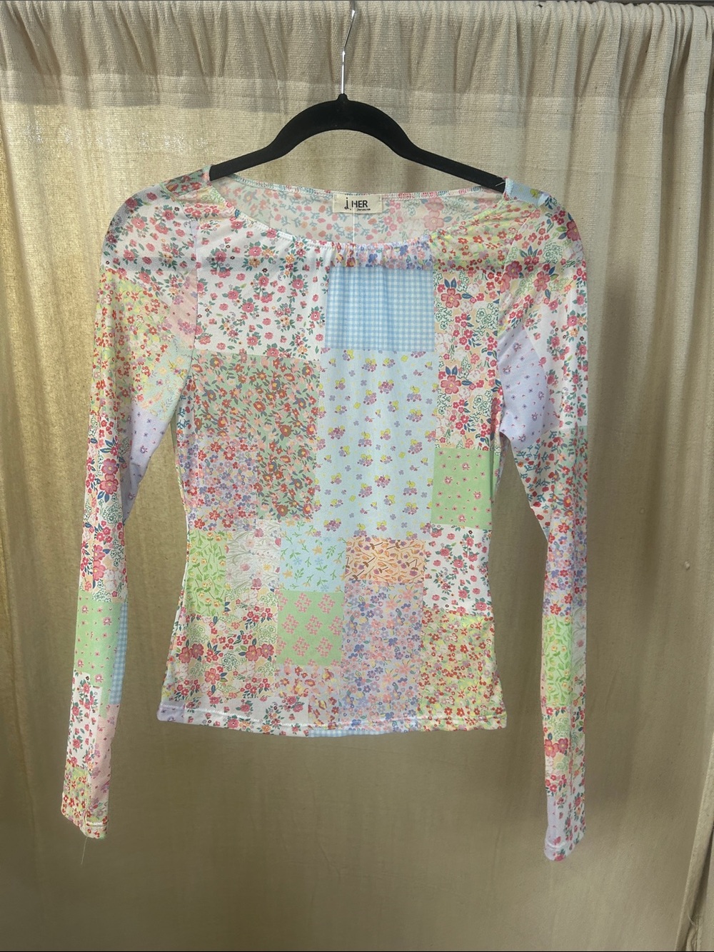 Pastel Patchwork Floral Long Sleeve Mesh Top - J. her
